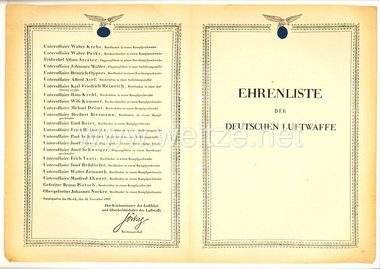 Ehrenliste der Deutschen Luftwaffe - Ausgabe vom 16. November 1942