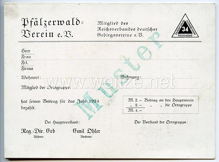 III. Reich - Pfälzerwald-Verein e.V. - Mitglied des Reichsverbandes deutscher Gebirgsvereine e.V. - Schmuckblatt Bild 2