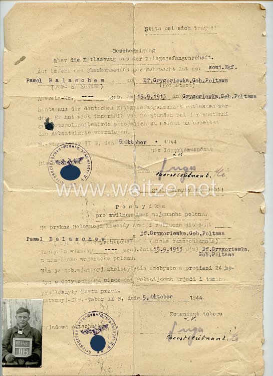 III. Reich - Dokumentenpaar für einen aus der deutschen Kriegsgefangenschaft entlassenen Sowjetrussen, der sich danach im Sondereinsatz " O " der Kreisleitung der NSDAP verpflichtete Bild 2