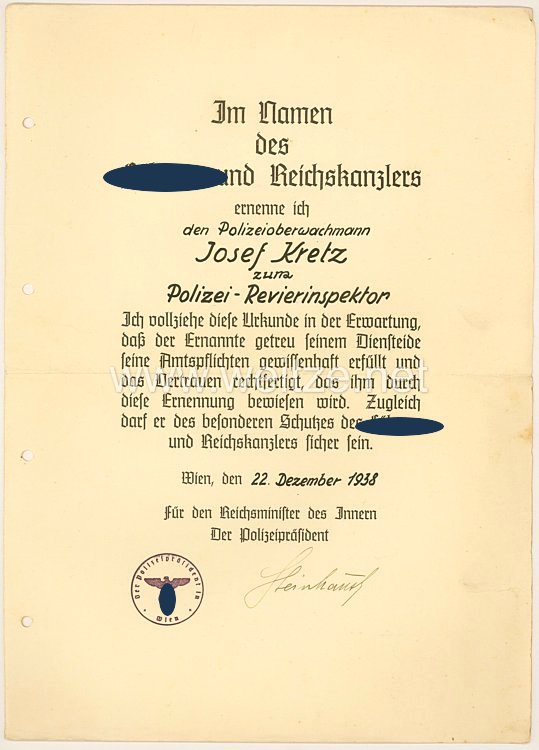 Polizeipräsident von Wien und SS-Oberführer Otto Steinhäusl - Originalunterschrift auf einer Ernennungsurkunde