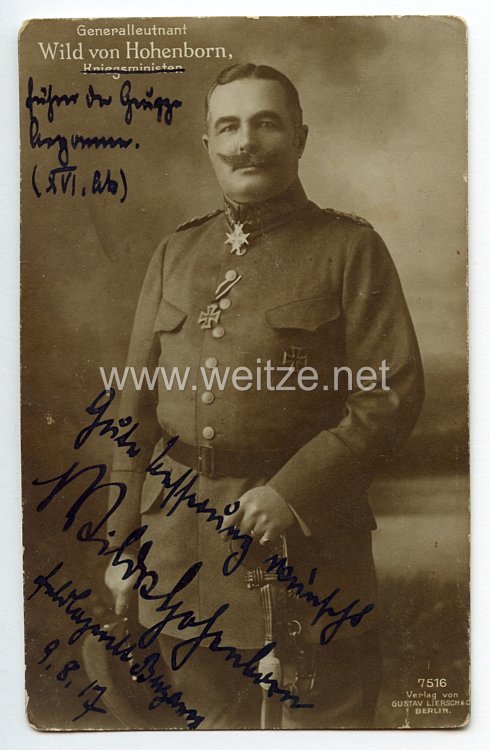 1. Weltkrieg - Originalunterschrift des Pour le Mérite mit Eichenlaub Trägers Generalleutnant Wild von Hohenborn