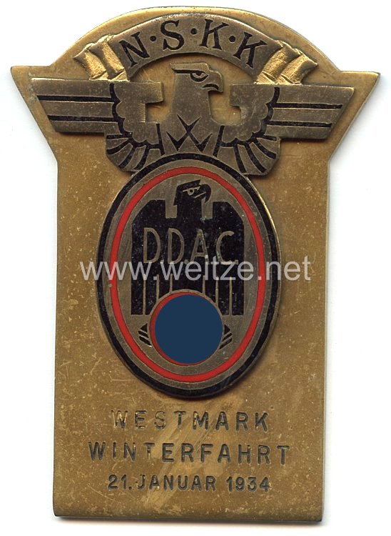 NSKK / DDAC - nichttragbare Teilnehmerplakette - " Westmark Winterfahrt 21. Januar 1934 "