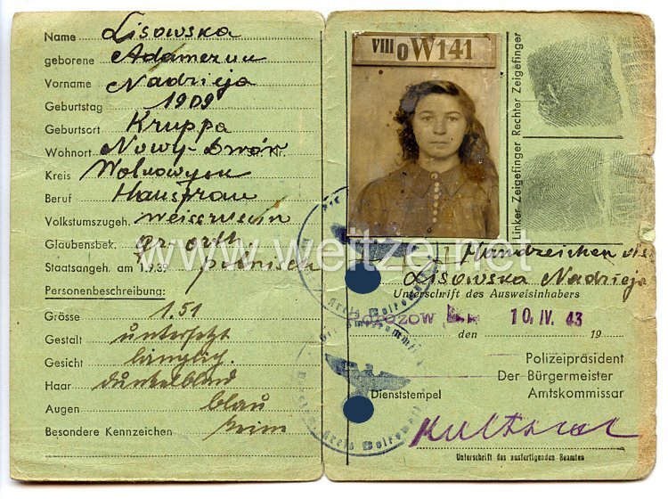III. Reich / Besetzte Ostgebiete - Bezirk Bialystok - Personalausweis für eine Frau des Jahrgangs 1909 Bild 2