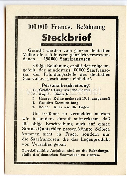 III. Reich - Propaganda-Postkarte - " 100 000 Francs. Belohnung - Steckbrief  - Zur Erinnerung an die Saarabstimmung 13.1.1935 "