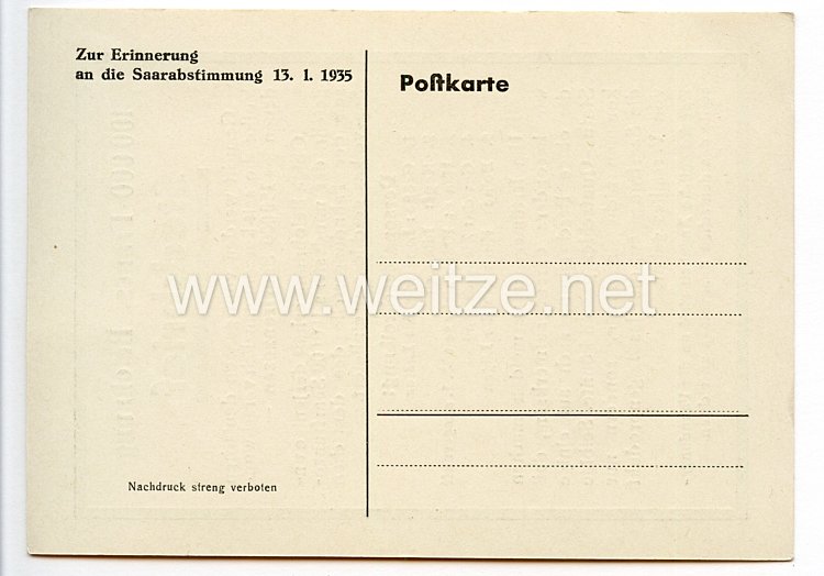 III. Reich - Propaganda-Postkarte - " 100 000 Francs. Belohnung - Steckbrief  - Zur Erinnerung an die Saarabstimmung 13.1.1935 " Bild 2
