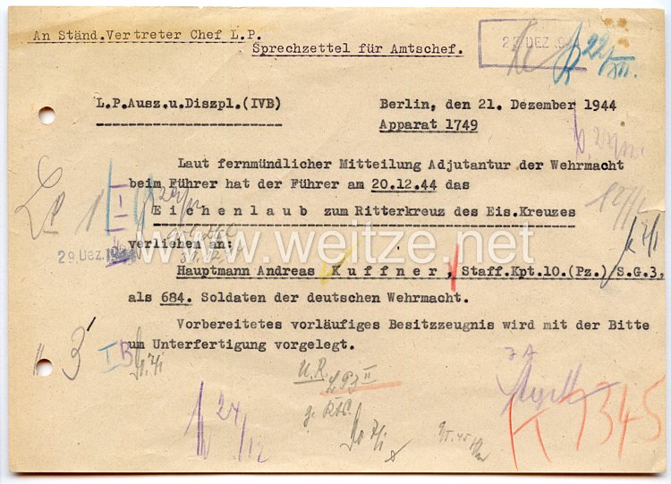 Sprechzettel für den Amtschef zur Verleihung das Eichenlaub zum Ritterkreuz des Eisernen Kreuzes an Hauptmann Andreas Kuffner am 20.12.1944