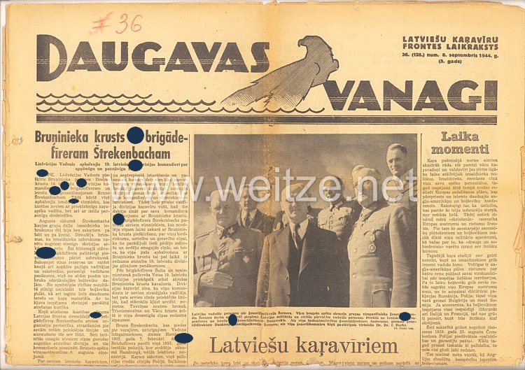 III. Reich / Waffen-SS / Litauen - Frontzeitung " Daugavas Vanagi " Ausgabe 36. vom 8. September 1944