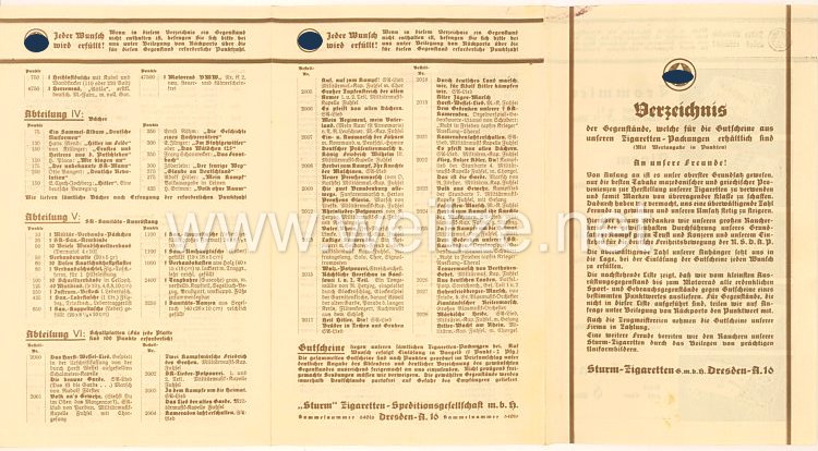 III. Reich / SA - Sturm-Zigaretten - Verzeichnis der Gegenstände, welche für die Gutscheine aus den Zigaretten-Packungen erhältlich sind, z.B. SS-Dienstmütze mit Abzeichen