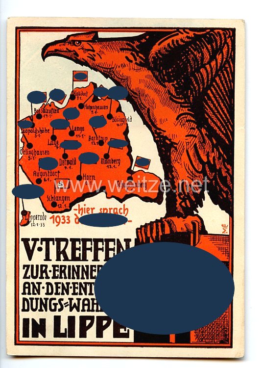 III. Reich - farbige Propaganda-Postkarte - " V. Treffen zur Erinnerung an den Entscheidungs-Wahlsieg in Lippe - hier sprach 1933 der Führer "