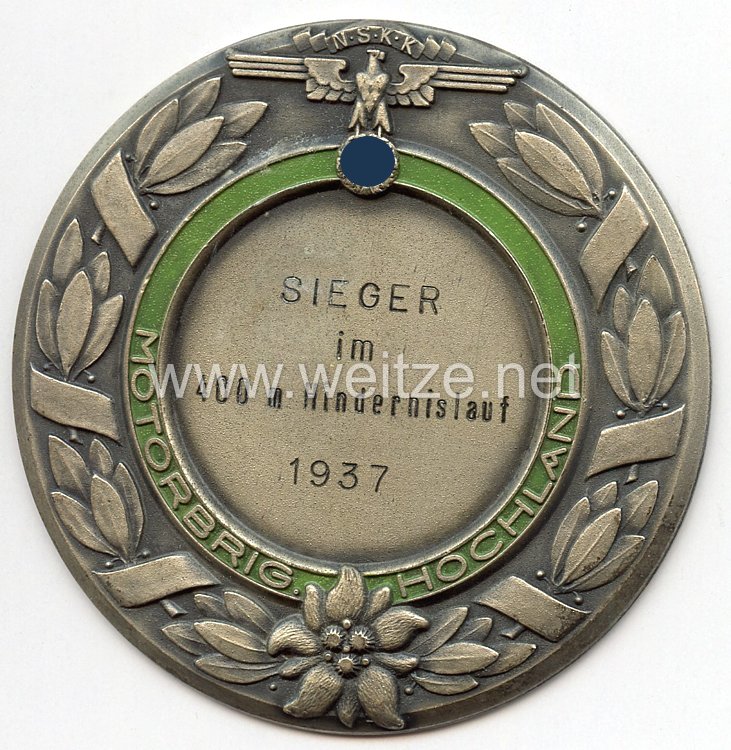 NSKK - nichttragbare Siegerplakette - " Motorbrigade Hochland Sieger im 400 m Hindernislauf 1937 "