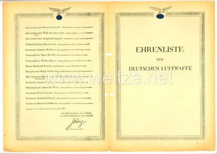 Ehrenliste der Deutschen Luftwaffe - Ausgabe vom 23. November 1942