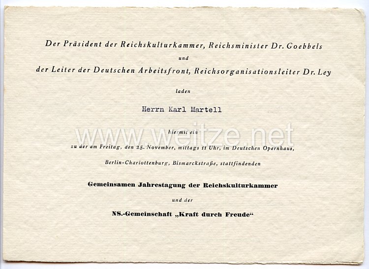 III. Reich - Reichsminister Dr.Goebbels und Reichsorganisationsleiter Dr.Ley - Einladungskarte für den Schauspieler Karl Martell