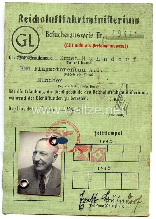 Reichsluftfahrtministerium Generalluftzeugmeister (GL) - Besucherausweis
