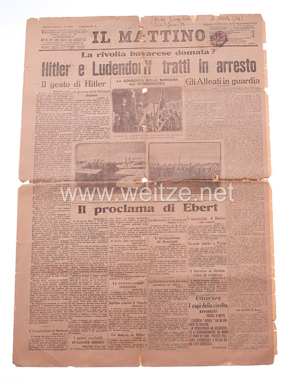 Hitlerputsch am 8. und 9. November 1923 - Ausgabe der italienischen Zeitung " Il Mattino " vom 10./11.11.1923