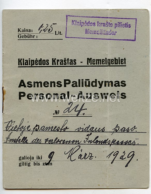 Weimarer Republik - Memelgebiet Personalausweis der Stadt " Memel " für einen Mann des Jahrgangs 1902