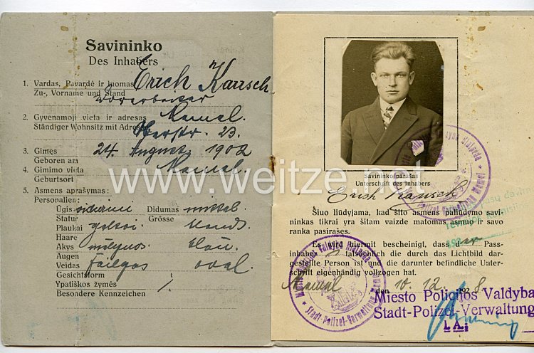Weimarer Republik - Memelgebiet Personalausweis der Stadt " Memel " für einen Mann des Jahrgangs 1902 Bild 2