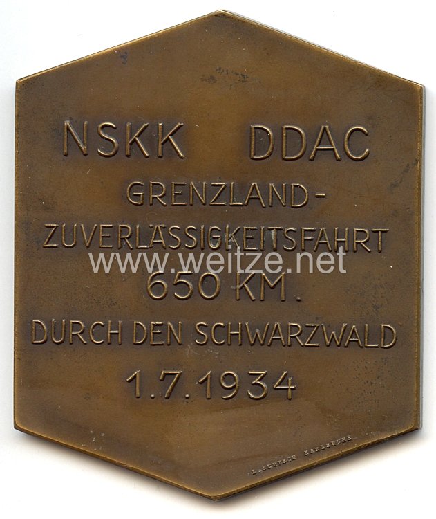 NSKK / DDAC - nichttragbare Teilnehmerplakette - " Grenzland-Zuverlässigkeitsfahrt 650 km durch den Schwarzwald 1.7.1934 - gewidmet von der Landeshauptstadt Karlsruhe "