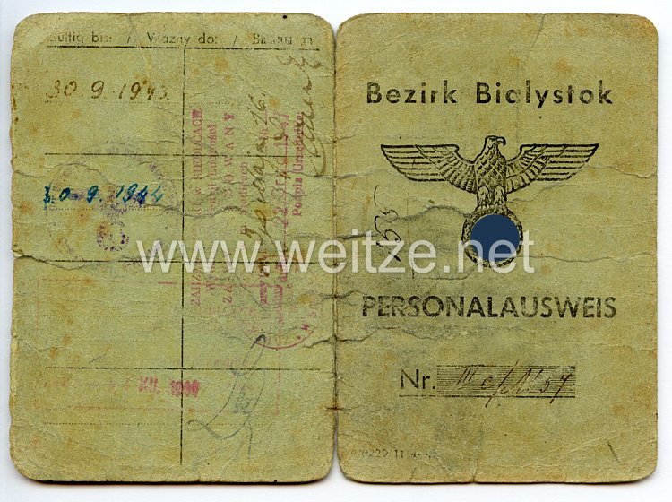 III. Reich / Besetzte Ostgebiete - Bezirk Bialystok - Personalausweis für einen Mann des Jahrgangs 1909