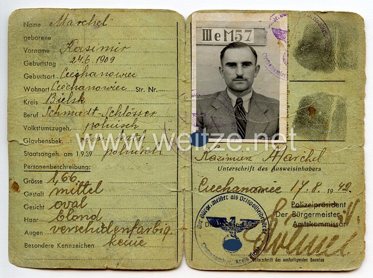 III. Reich / Besetzte Ostgebiete - Bezirk Bialystok - Personalausweis für einen Mann des Jahrgangs 1909 Bild 2