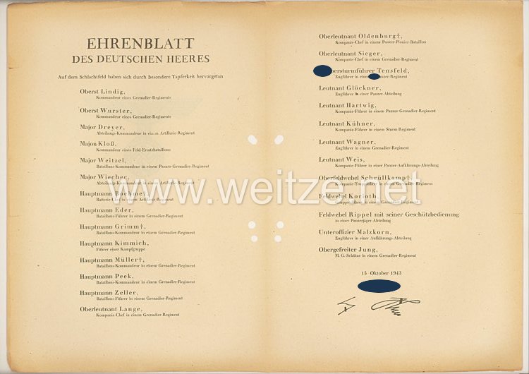 Ehrenblatt des deutschen Heeres - Ausgabe vom 15. Oktober 1943