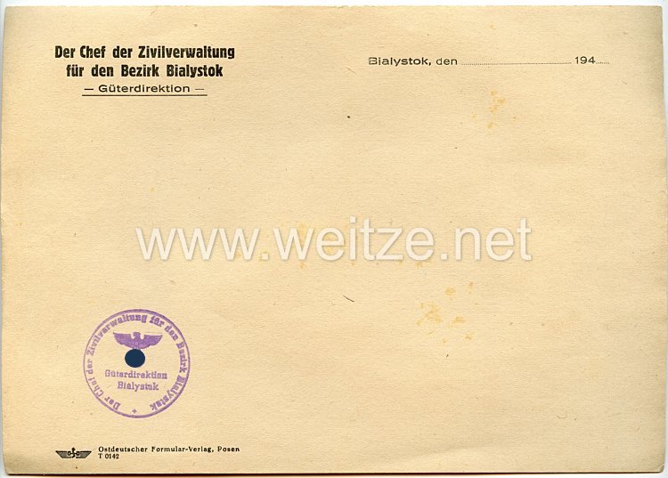 III. Reich - Der Chef der Zivilverwaltung für den Bezirk Bialystok - Güterdirektion - Briefpapier