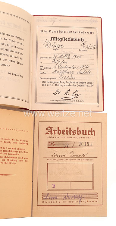 III. Reich - Konvolut von 3 x Arbeitsbücher und 1 DAF Mitgliedsbuch  Bild 2