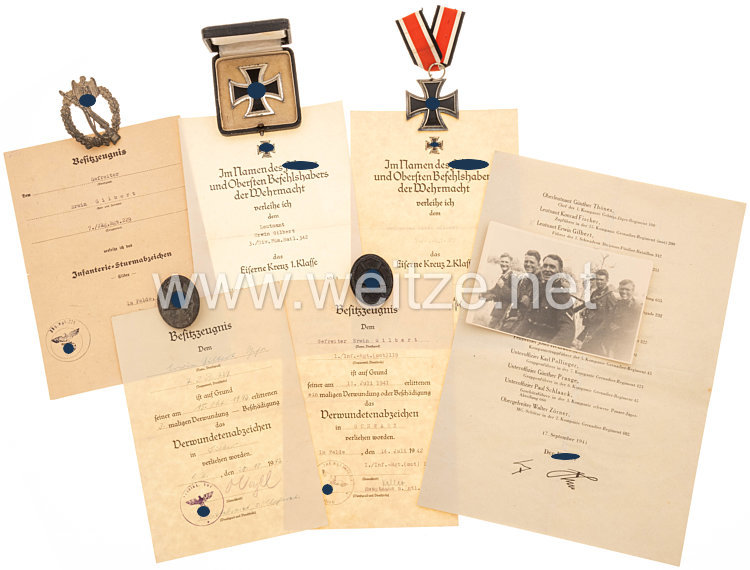 Wehrmacht großer Ordens- und Urkundennachlass des späteren Leutnant Erwin Gilbert, Jäger Regiment 229, zuletzt 3./Div. Füsilier Bataillon 342, mit graviertem EK 1.