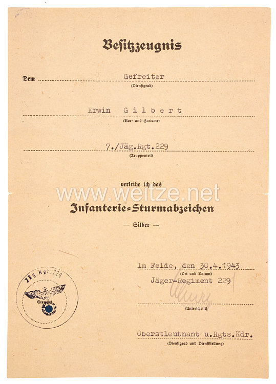 Wehrmacht großer Ordens- und Urkundennachlass des späteren Leutnant Erwin Gilbert, Jäger Regiment 229, zuletzt 3./Div. Füsilier Bataillon 342, mit graviertem EK 1. Bild 2