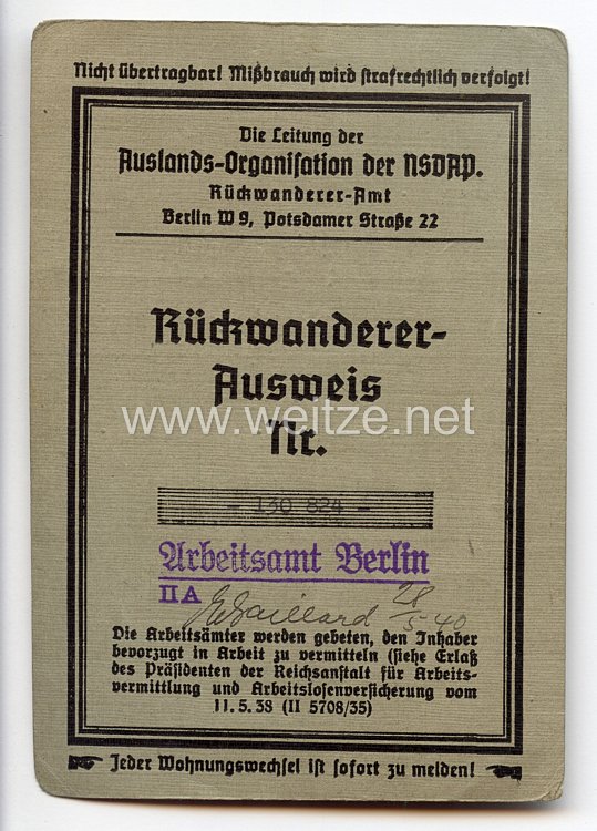 Auslands-Organisation der NSDAP - Rückwandereramt - Rückwandererausweis für einen Mann des Jahrgangs 1887 aus Wien