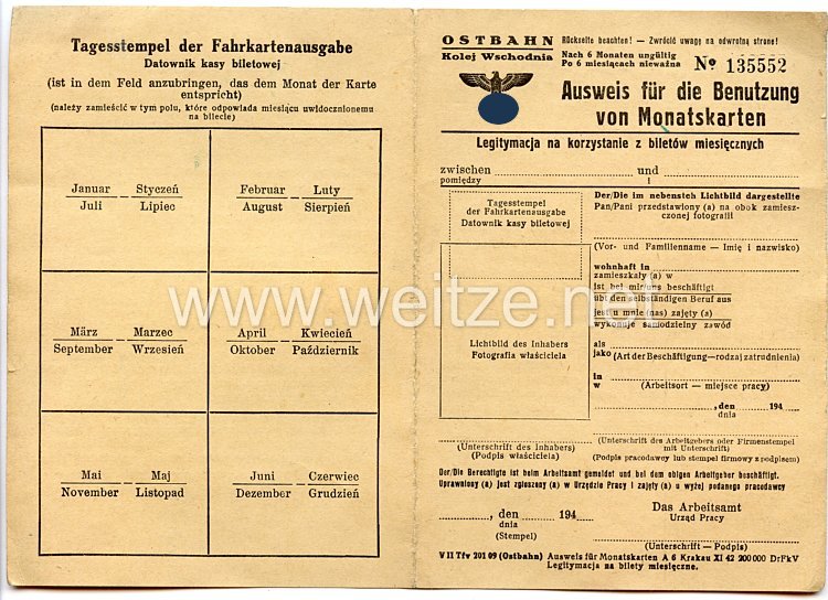 III. Reich - Ostbahn Krakau - Ausweis für die Benutzung von Monatskarten