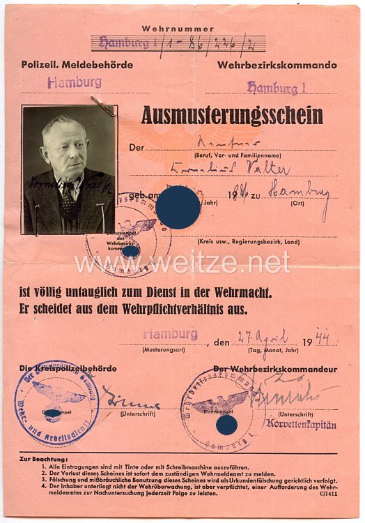 III. Reich - Ausmusterungsschein für einen Mann des Jahrgangs 1886 aus Hamburg