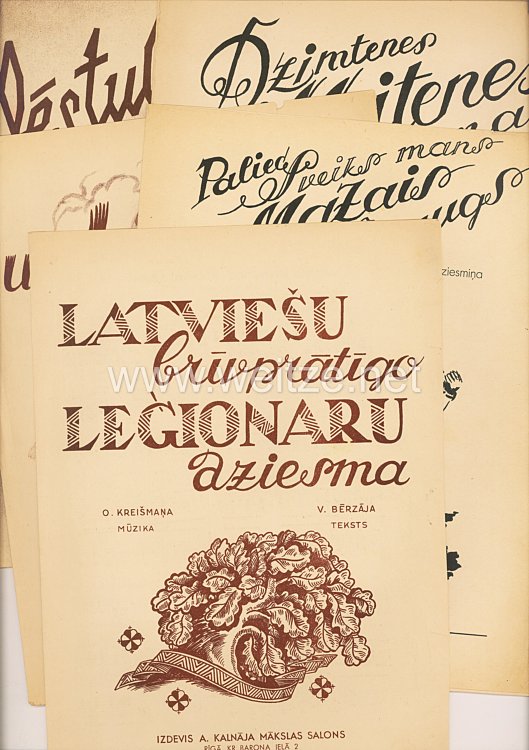 III. Reich / Lettland - 5 Notenblätter von lettischen Liedern wie z.B. " Lied der lettischen Legionäre "