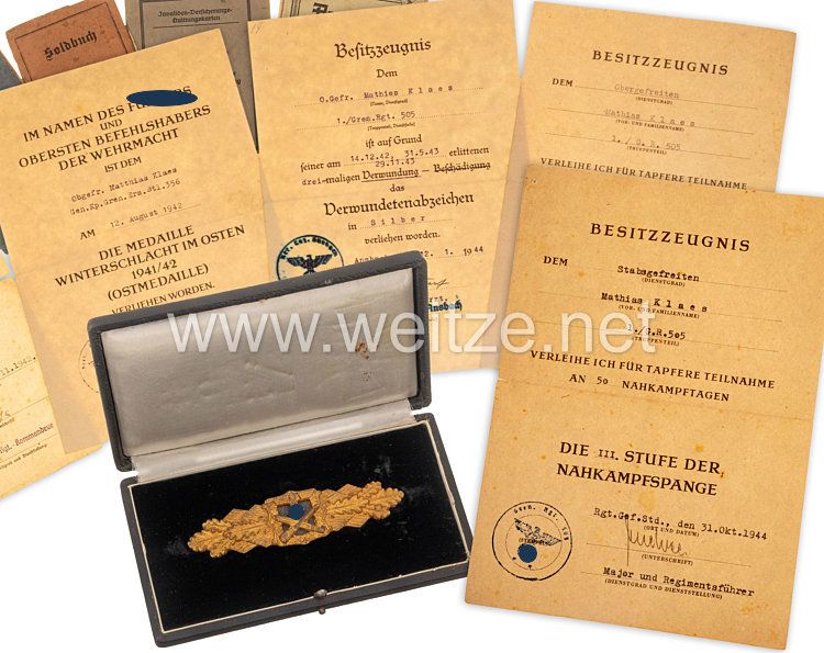 Nahkampfspange in Gold : Nachlass aus dem Besitz von Stabsgefreiten Mathias Klaes, 1./Grenadier-Regiment Nr. 505