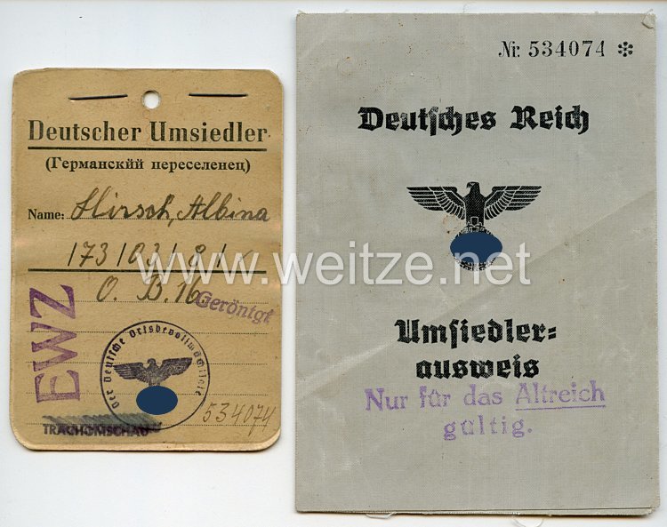 III. Reich - Umsiedlerausweis und Kennkarte für eine Frau des Jahrgangs 1892 aus Rußland