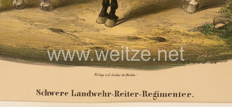 Preußen Gerahmte Farb-Lithographie "Schwere Landwehr-Reiter-Regimenter" Bild 2