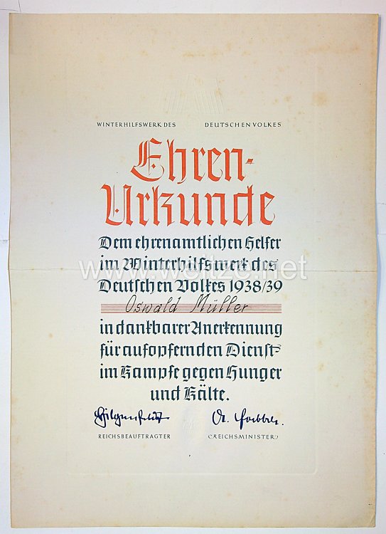 III. Reich - Ehrenurkunde als ehrenamtlicher Helfer im WHW 1938/39 für einen Mann