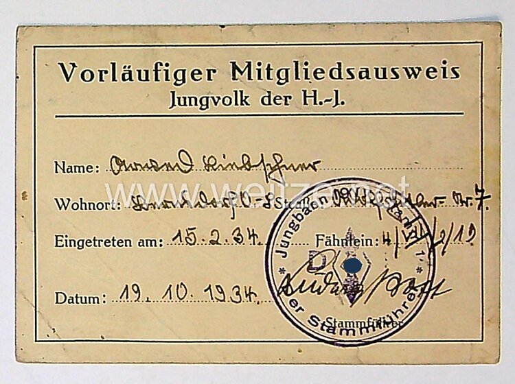 Deutsches Jungvolk ( DJ ) - Vorläufiger Mitgliedsausweis für einen Jungen des Jahrgangs 1923 im Jungbann 19IV Stamm I, Fähnlein 4/VII/2/19