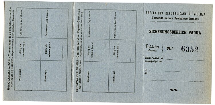 III. Reich - Sicherungsbereich Padua ( Italien ) - Ausweis/Bescheinigung