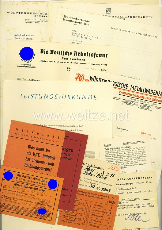 III. Reich - Dokumentengruppe für einen Angestellten in der Württembergische Metallwarenfabrik ( WMF )