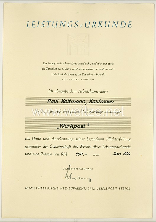 III. Reich - Dokumentengruppe für einen Angestellten in der Württembergische Metallwarenfabrik ( WMF ) Bild 2