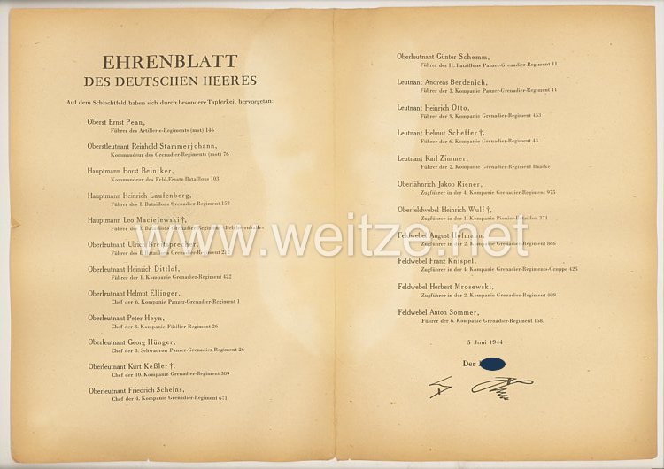 Ehrenblatt des deutschen Heeres - Ausgabe vom 5. Juni 1944