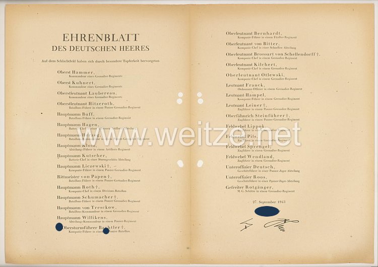 Ehrenblatt des deutschen Heeres - Ausgabe vom 27. September 1943