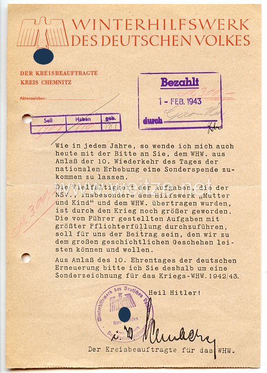 WHW Gau Sachsen - Winterhilfswerk des Deutschen Volkes 1942-1943 - Anschreiben