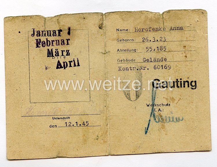 III. Reich - Ausweis für eine Ostarbeiterin des Jahrgangs 1923