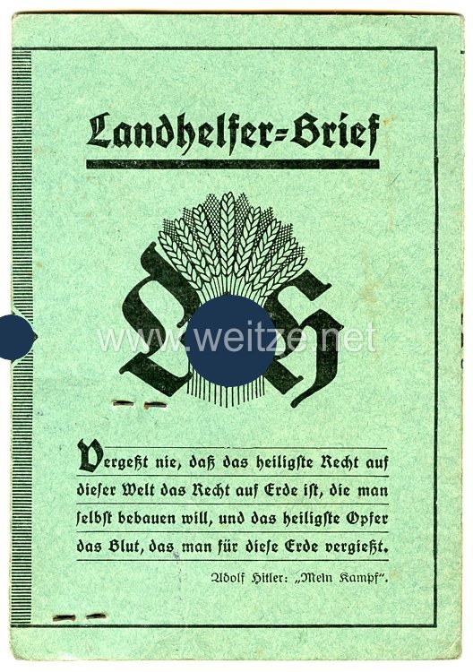 III. Reich - Landhelfer-Brief für ein Mädchen des Jahrgangs 1918
