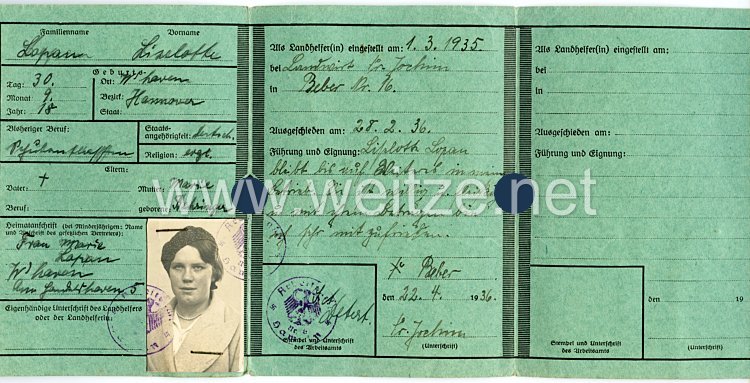 III. Reich - Landhelfer-Brief für ein Mädchen des Jahrgangs 1918 Bild 2