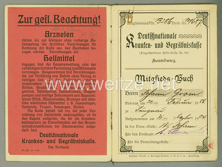 Deutschnationale Kranken- und Begräbniskasse Hamburg - Mitgliedsbuch Bild 2