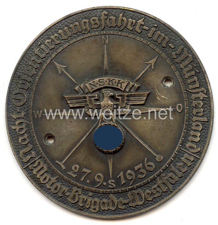 NSKK - nichttragbare Teilnehmerplakette - " Motor-Brigade Westfalen - Nacht-Orientierungsfahrt im Münsterland 27.9.1936 " 