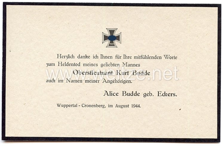 Trauerkarte zum Heldentod des Deutschen Kreuz in Gold Trägers Oberstleutnant Kurt Budde im August 1944