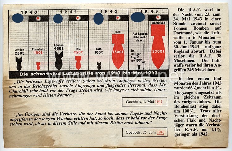 2. Weltkrieg Propagandaflugblatt - " Die schwersten Luftangriffe von 1940 bis Mai 1943 "